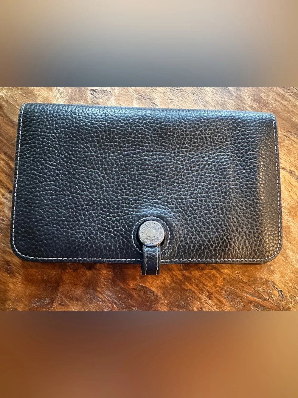 Hermes Black Pebbled Leather Wallet Clutch